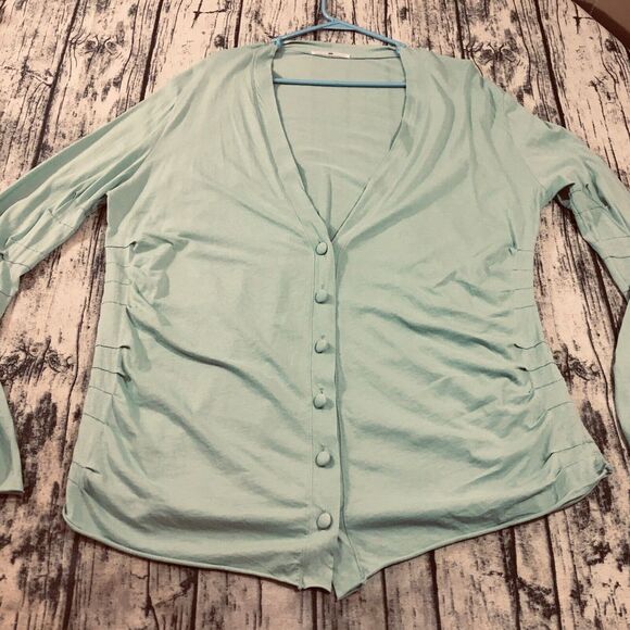 Jarbo Womens Thin Peru Cardigan Sweater Size M 38 Teal Blue Green‎ Tiered Ruched - Picture 3 of 12